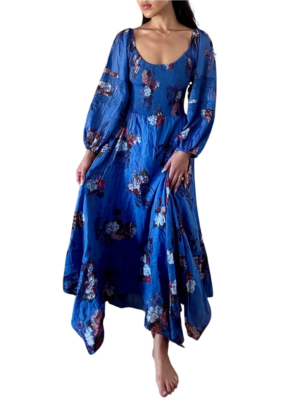 Free People Cobalt Blue Floral Smocked Maxi Dress - Picture 1 of 7